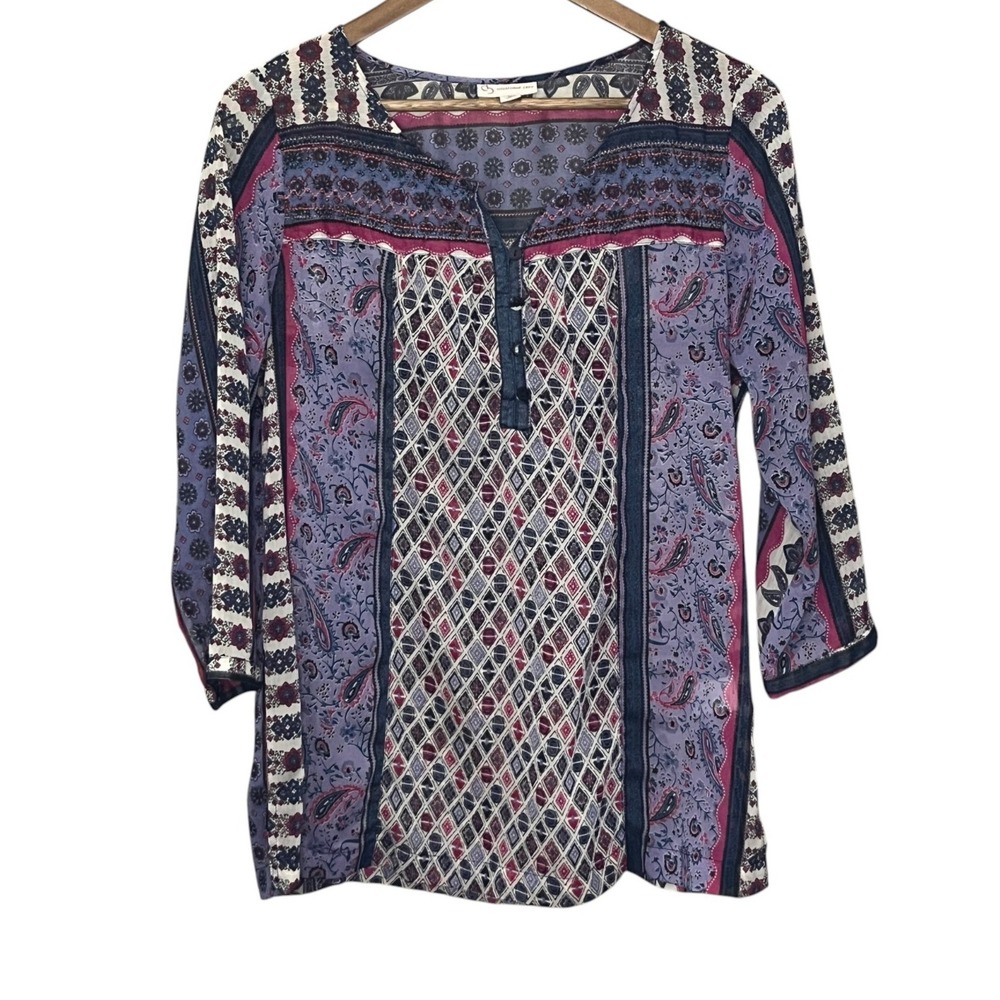 CB Women Top Tunic Long Sleeve Embroidered Paisley Boho Hippie Sheer Flaw Medium